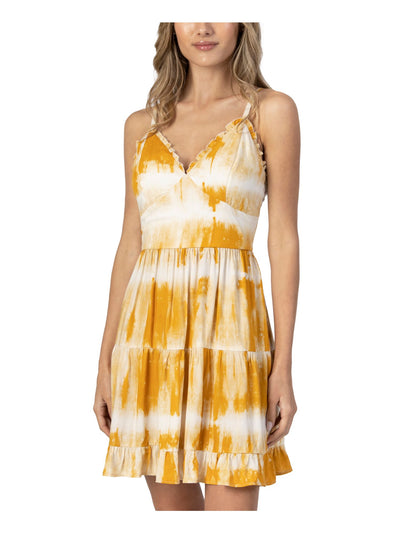 SPEECHLESS Womens Gold Zippered Ruffled Tie Dye Spaghetti Strap V Neck Short Dress XXL