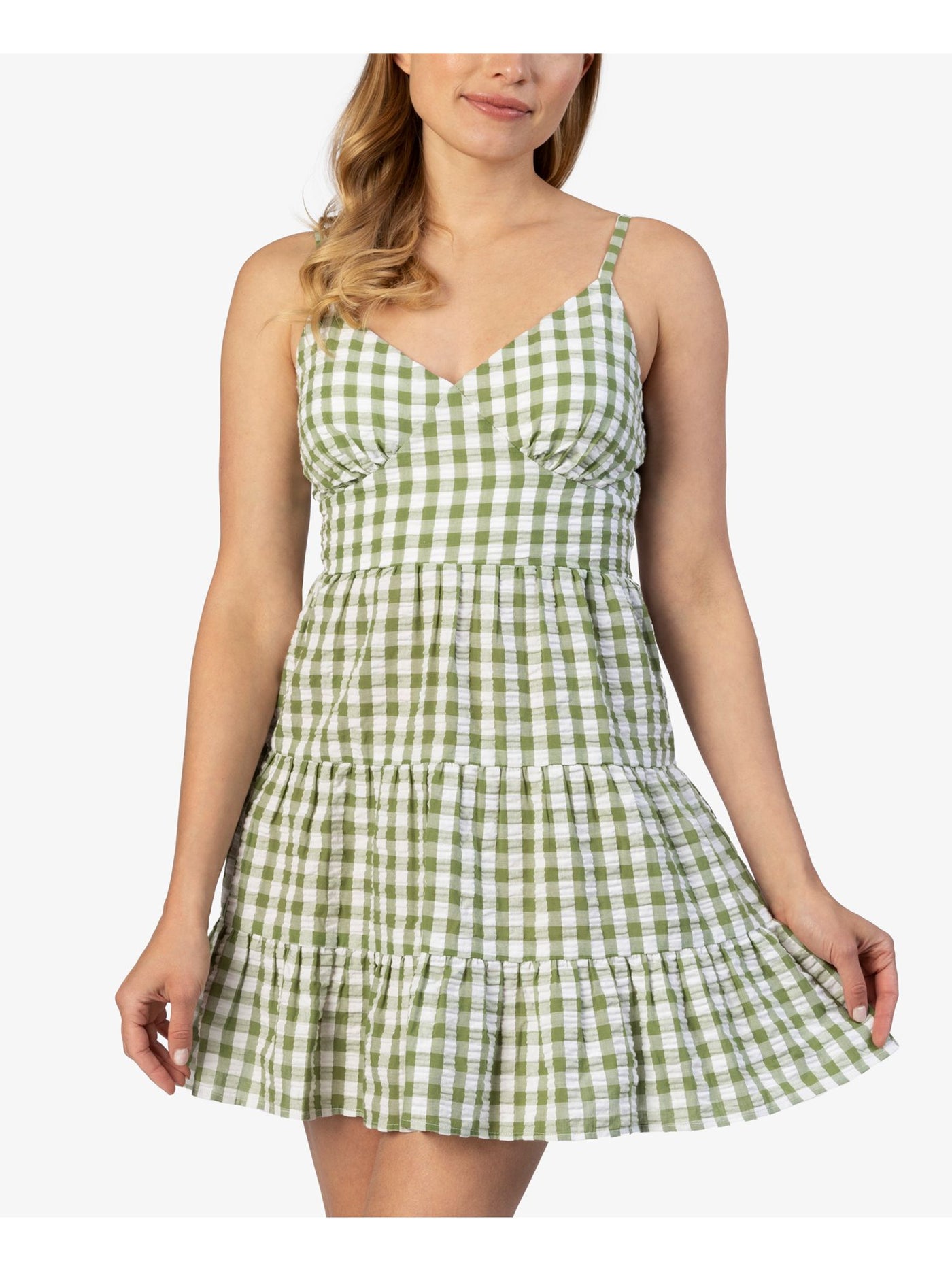 Speechless Womens Green Smocked Seersucker Tiered Adjustable Gingham Spaghetti Strap V Neck Short Fit + Flare Dress M Speechless Womens Green Smocked Seersucker Tiered Adjustable Gingham Spaghetti Strap V Neck Short Fit + Flare Dress M
