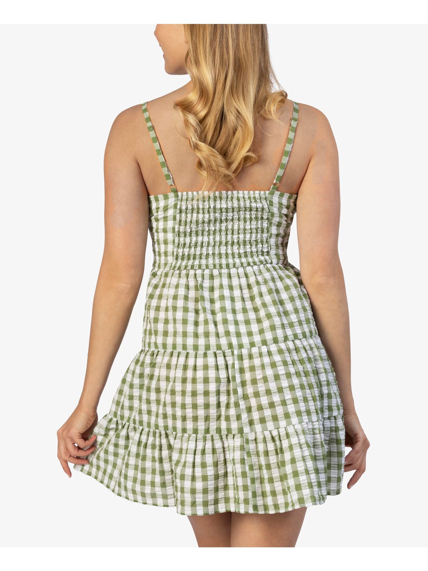 SPEECHLESS Womens Green Smocked Seersucker Tiered Adjustable Gingham Spaghetti Strap V Neck Short Fit + Flare Dress XL