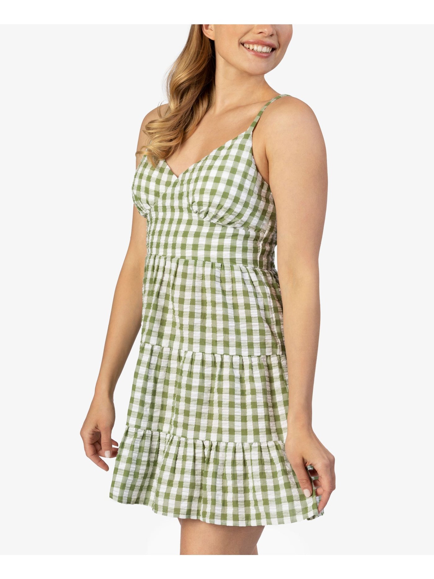 SPEECHLESS Womens Green Smocked Seersucker Tiered Adjustable Gingham Spaghetti Strap V Neck Short Fit + Flare Dress XL