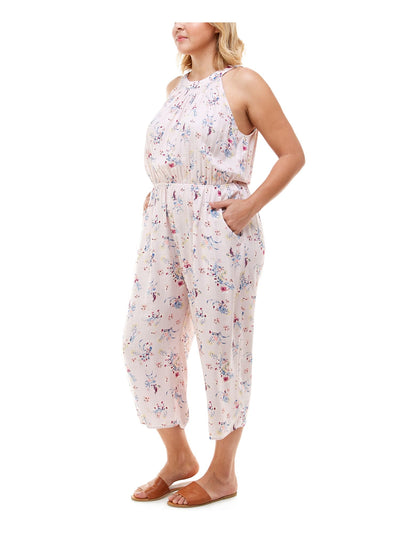 MONTEAU Womens Pink Floral Sleeveless Halter Wide Leg Jumpsuit Plus 2X