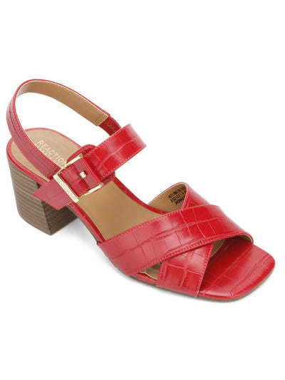 REACTION KENNETH COLE Womens Red Solid Croc Cross Straps Goring Padded Mix Cross Square Toe Block Heel Buckle Slingback Sandal 10