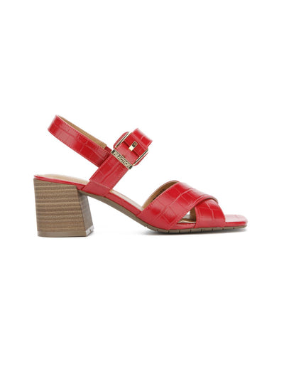 REACTION KENNETH COLE Womens Red Solid Croc Cross Straps Goring Padded Mix Cross Square Toe Block Heel Buckle Slingback Sandal 10