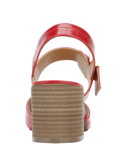 REACTION KENNETH COLE Womens Red Solid Croc Cross Straps Goring Padded Mix Cross Square Toe Block Heel Buckle Slingback Sandal 10