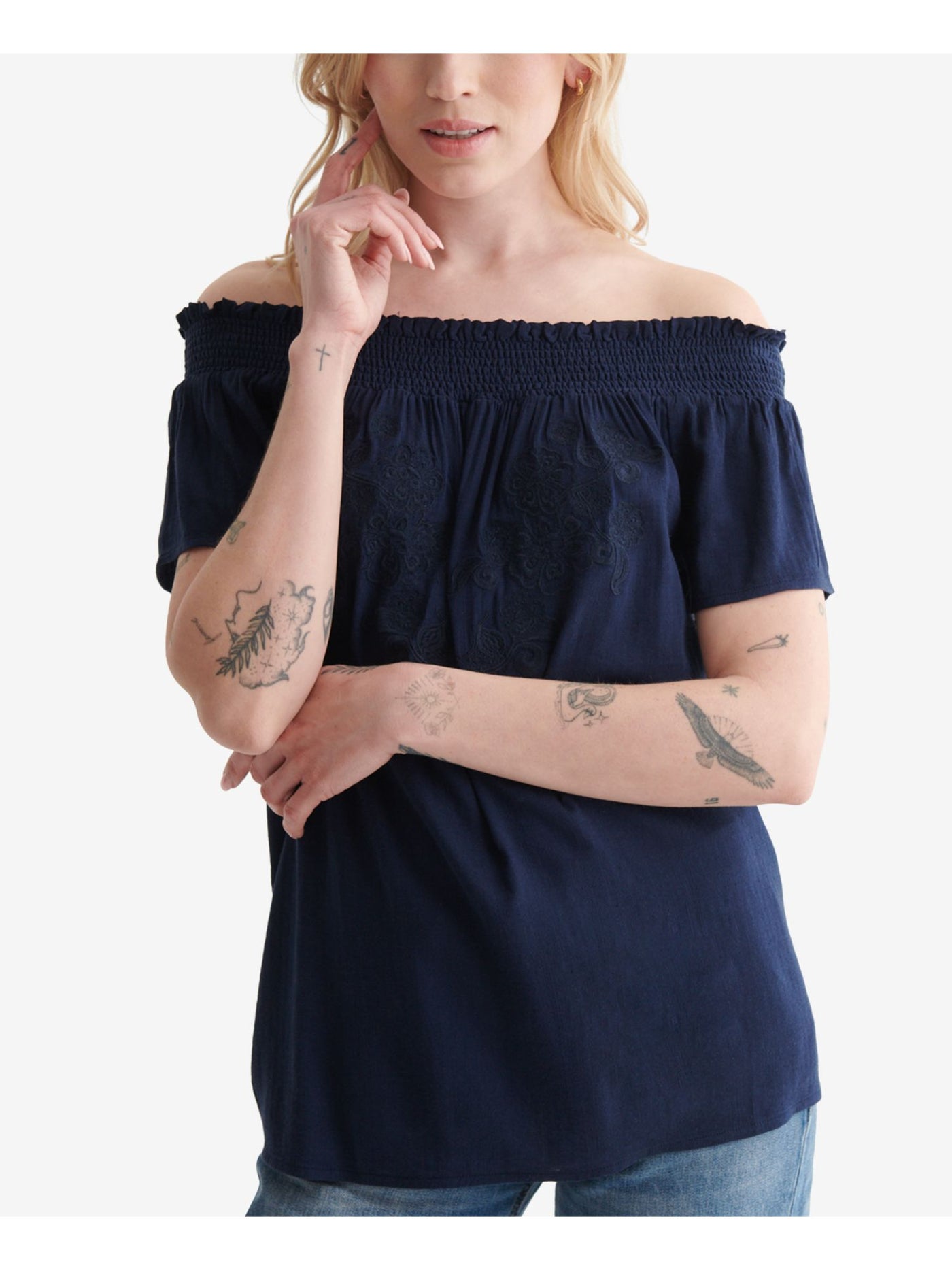 LUCKY BRAND Womens Navy Ruffled Embroidered Sheer Smocked Short Sleeve Off Shoulder Top S