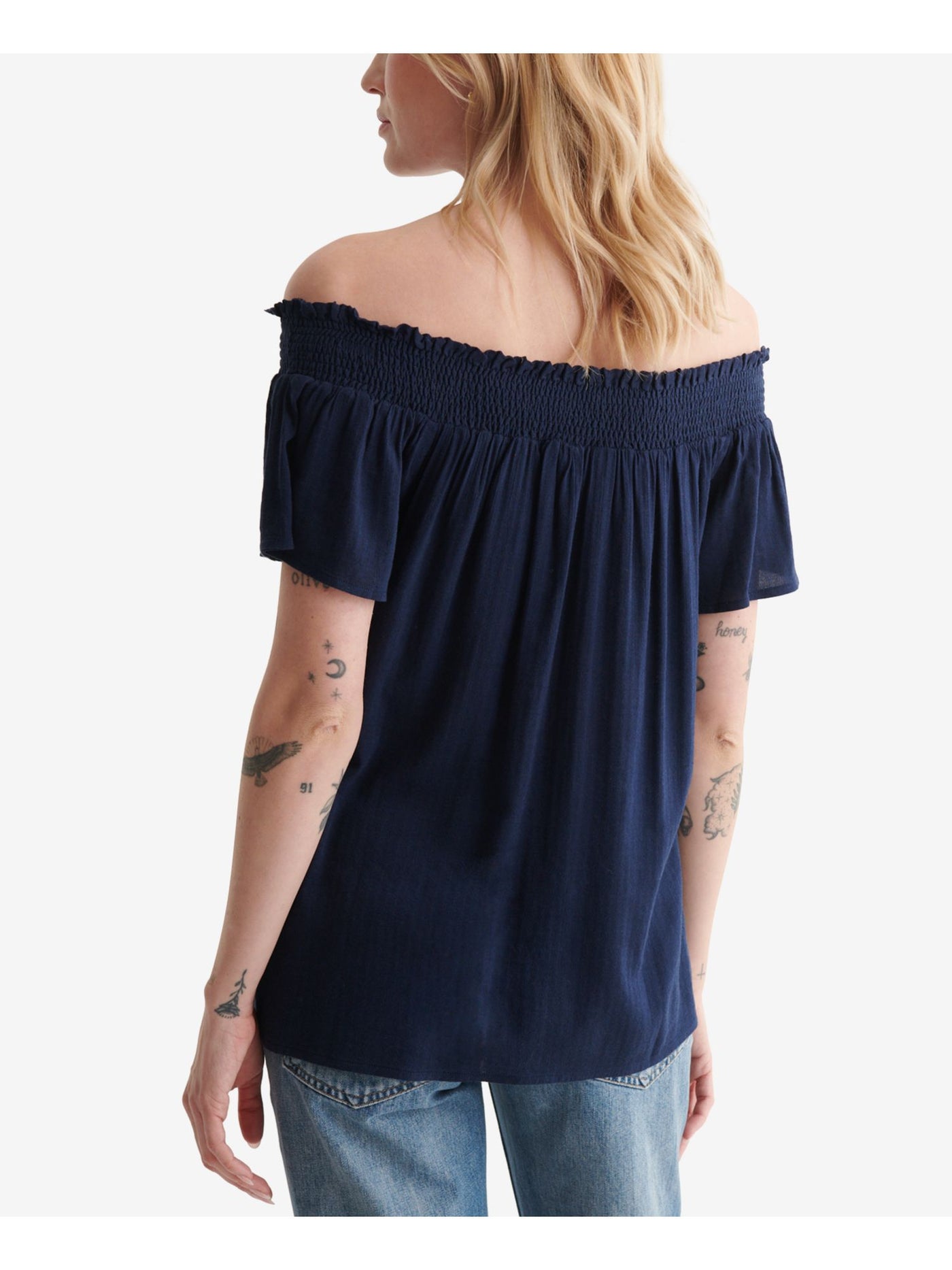 LUCKY BRAND Womens Navy Ruffled Embroidered Sheer Smocked Short Sleeve Off Shoulder Top S