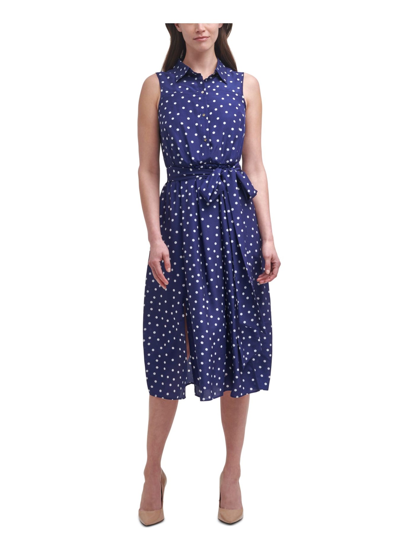 HARPER ROSE Womens Blue Zippered Pocketed Belted Polka Dot Sleeveless Point Collar Midi Wear To Work Shirt Dress 14