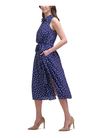 HARPER ROSE Womens Navy Zippered Pocketed Belted Polka Dot Sleeveless Point Collar Midi Wear To Work Shirt Dress 16