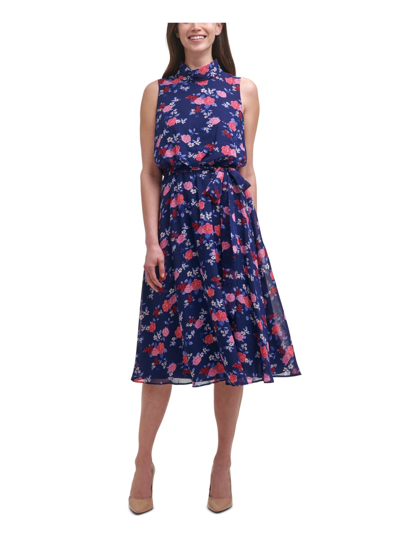 HARPER ROSE Womens Navy Zippered Belted Mock Roll-neck Chiffon Floral Sleeveless Midi Wear To Work Fit + Flare Dress 4