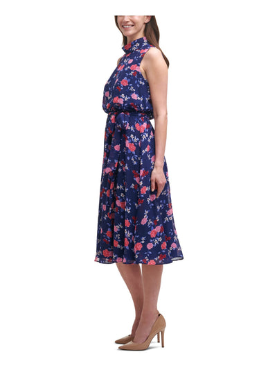 HARPER ROSE Womens Navy Zippered Belted Mock Roll-neck Chiffon Floral Sleeveless Midi Wear To Work Fit + Flare Dress 2
