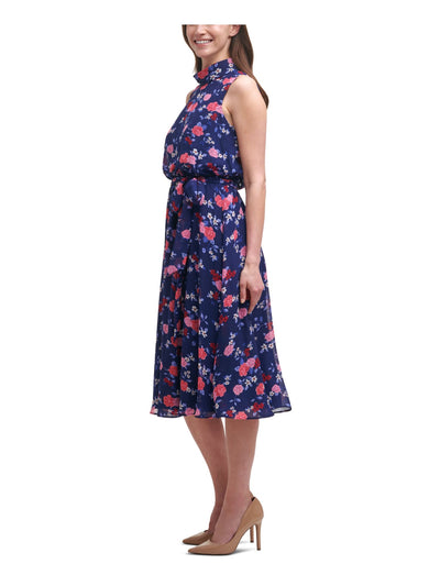 HARPER ROSE Womens Navy Zippered Belted Mock Roll-neck Chiffon Floral Sleeveless Midi Wear To Work Fit + Flare Dress 14