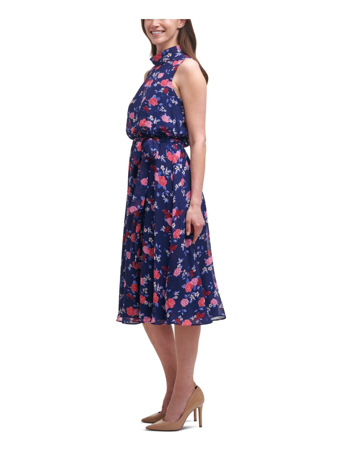 HARPER ROSE Womens Navy Zippered Belted Mock Roll-neck Chiffon Floral Sleeveless Midi Wear To Work Fit + Flare Dress 12
