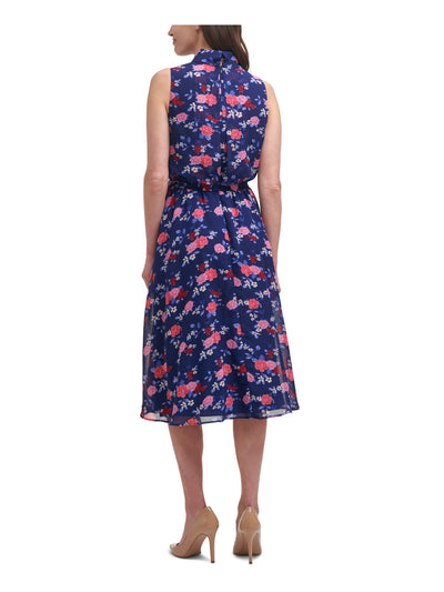 HARPER ROSE Womens Navy Zippered Belted Mock Roll-neck Chiffon Floral Sleeveless Midi Wear To Work Fit + Flare Dress 14