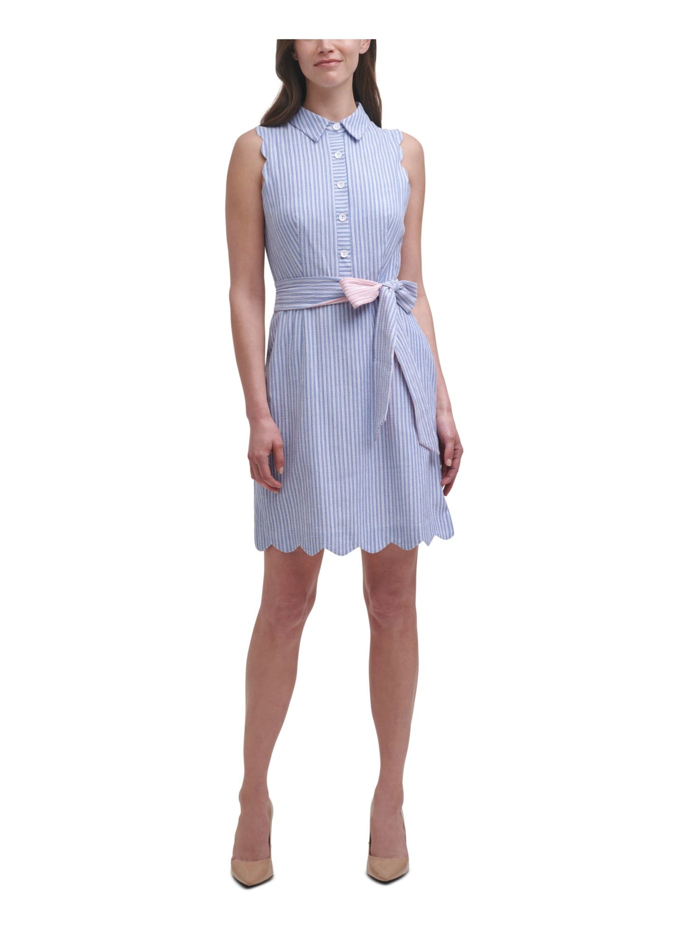 HARPER ROSE Womens Blue Stretch Belted Scalloped Partial Button Closure Striped Sleeveless Point Collar Short Wear To Work Shirt Dress 12