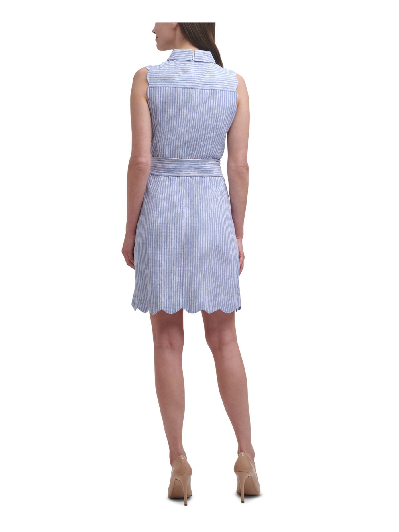 HARPER ROSE Womens Stretch Belted Scalloped Partial Button Closure Sleeveless Point Collar Short Wear To Work Shirt Dress