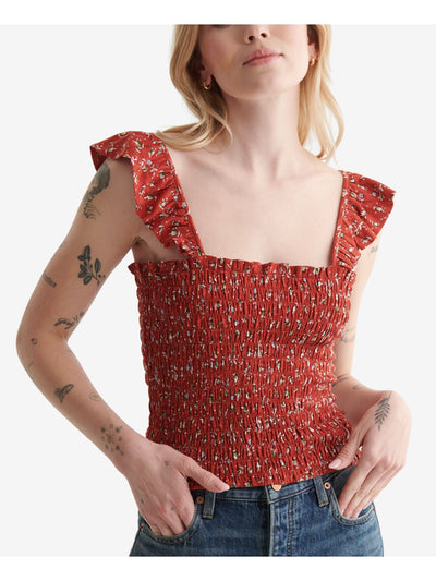 LUCKY BRAND Womens Red Smocked Short Length Ruffled Straps Fitted Floral Sleeveless Square Neck Tank Top XL