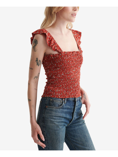 LUCKY BRAND Womens Red Smocked Short Length Ruffled Straps Fitted Floral Sleeveless Square Neck Tank Top XL