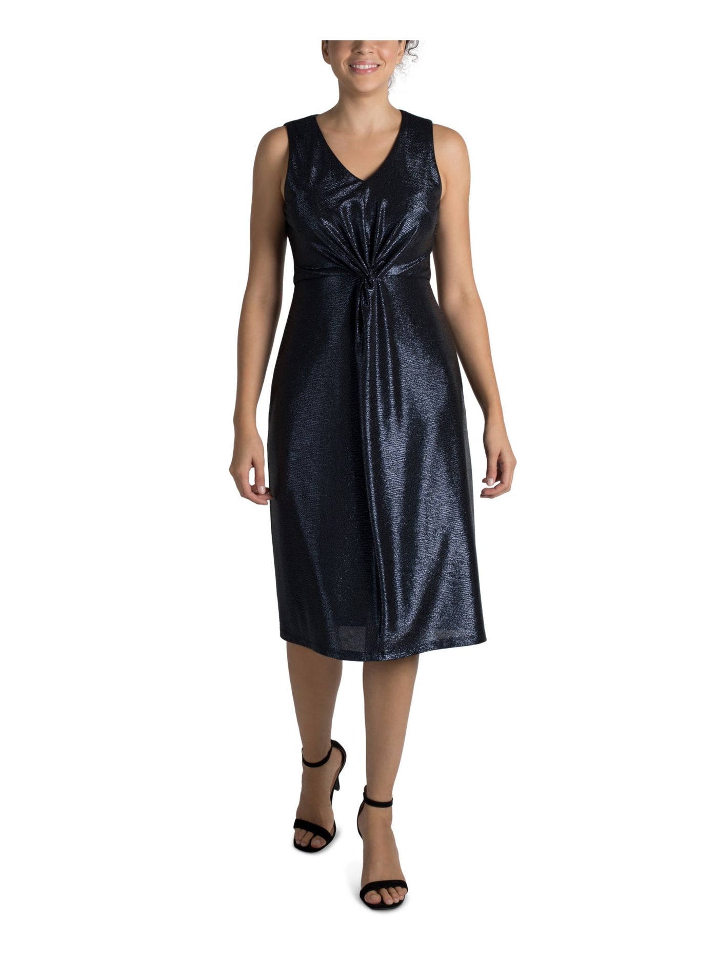 DONNA RICCO NEW YORK Womens Navy Stretch Metallic Sleeveless V Neck Below The Knee Party Sheath Dress 4