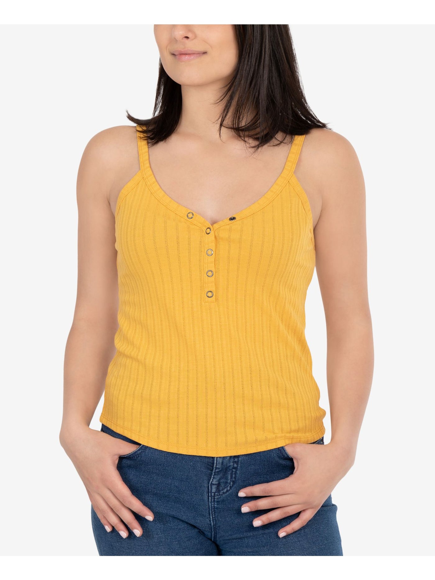 HIPPIE ROSE Womens Yellow Textured 5 Snap Button Placket Scoop Back Spaghetti Strap V Neck Tank Top Juniors XS