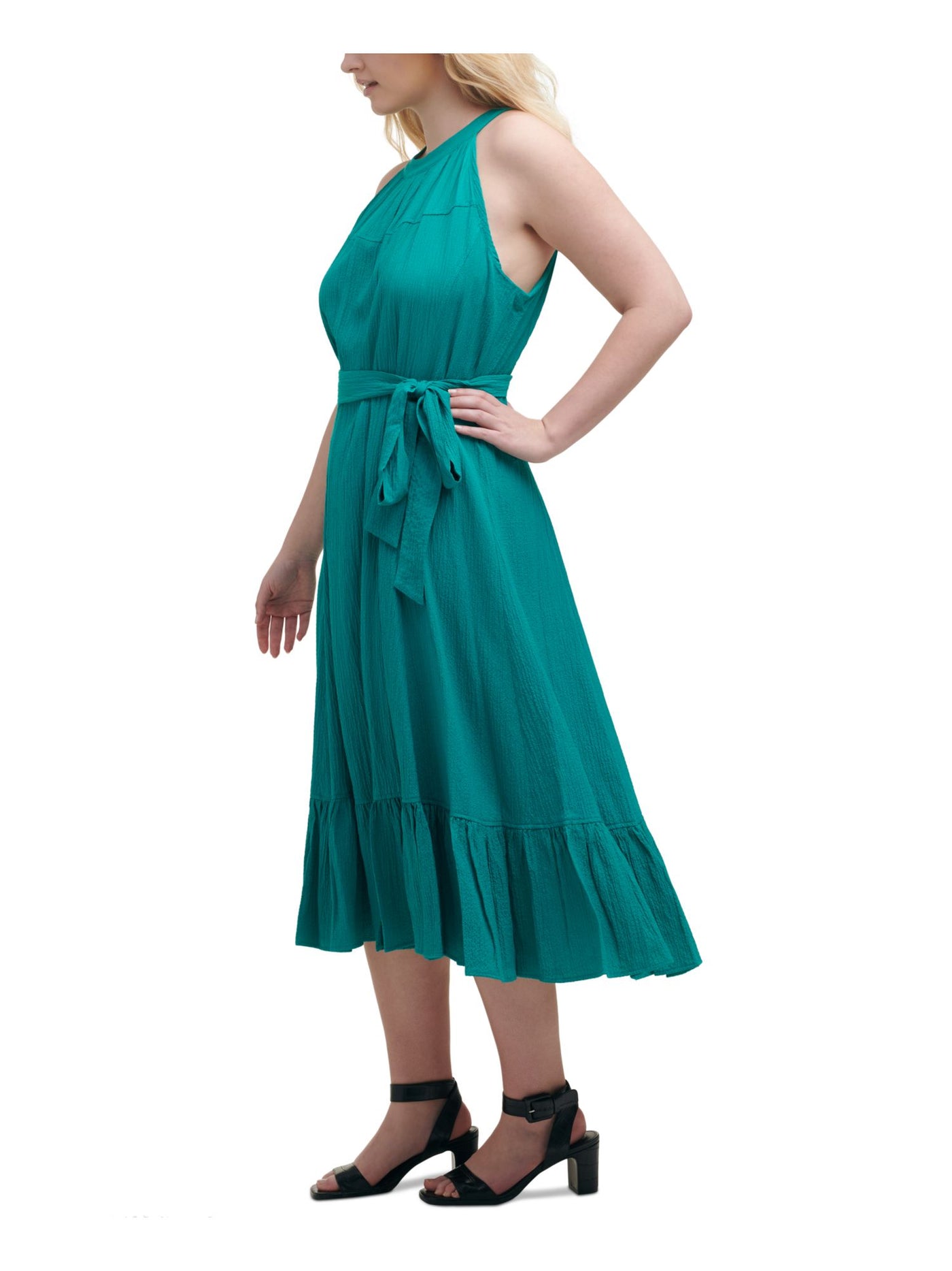 CALVIN KLEIN Womens Turquoise Stretch Zippered Ruffled Tie Gauze Sleeveless Halter Midi Party Fit + Flare Dress Plus 16W