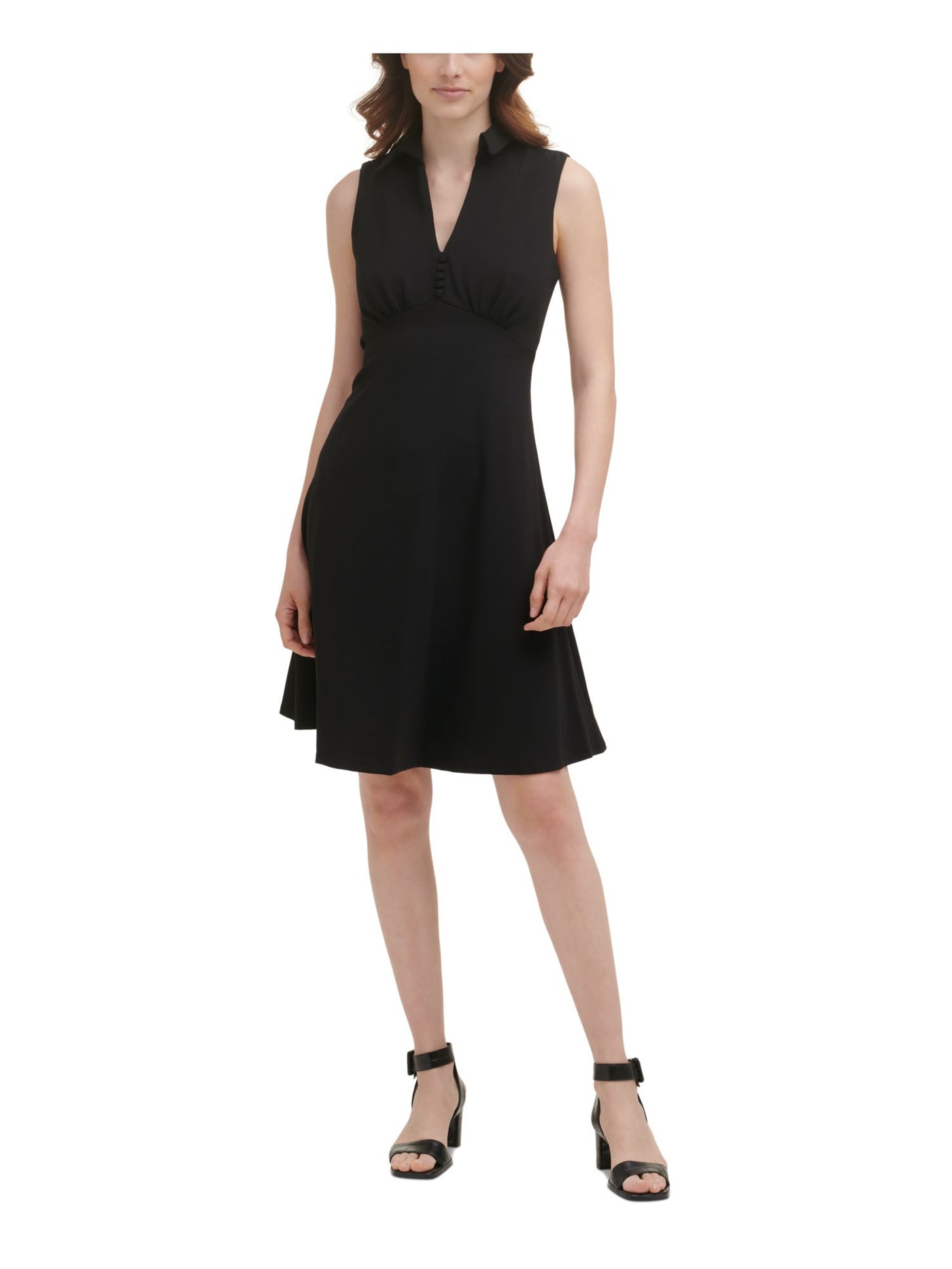 CALVIN KLEIN Womens Black Stretch Zippered Ruched Collared V-neck Button Detail Sleeveless Above The Knee Wear To Work Fit + Flare Dress 6