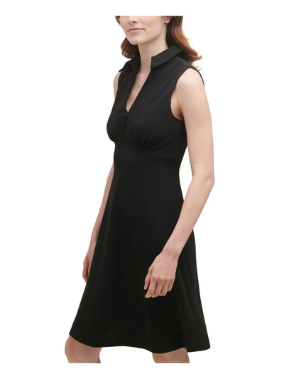 CALVIN KLEIN Womens Black Stretch Zippered Ruched Collared V-neck Button Detail Sleeveless Above The Knee Wear To Work Fit + Flare Dress 6