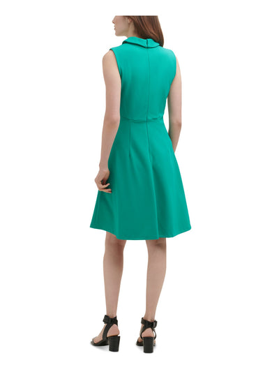 CALVIN KLEIN Womens Green Stretch Zippered Ruched Collared V-neck Button Detail Sleeveless Above The Knee Party Fit + Flare Dress 6