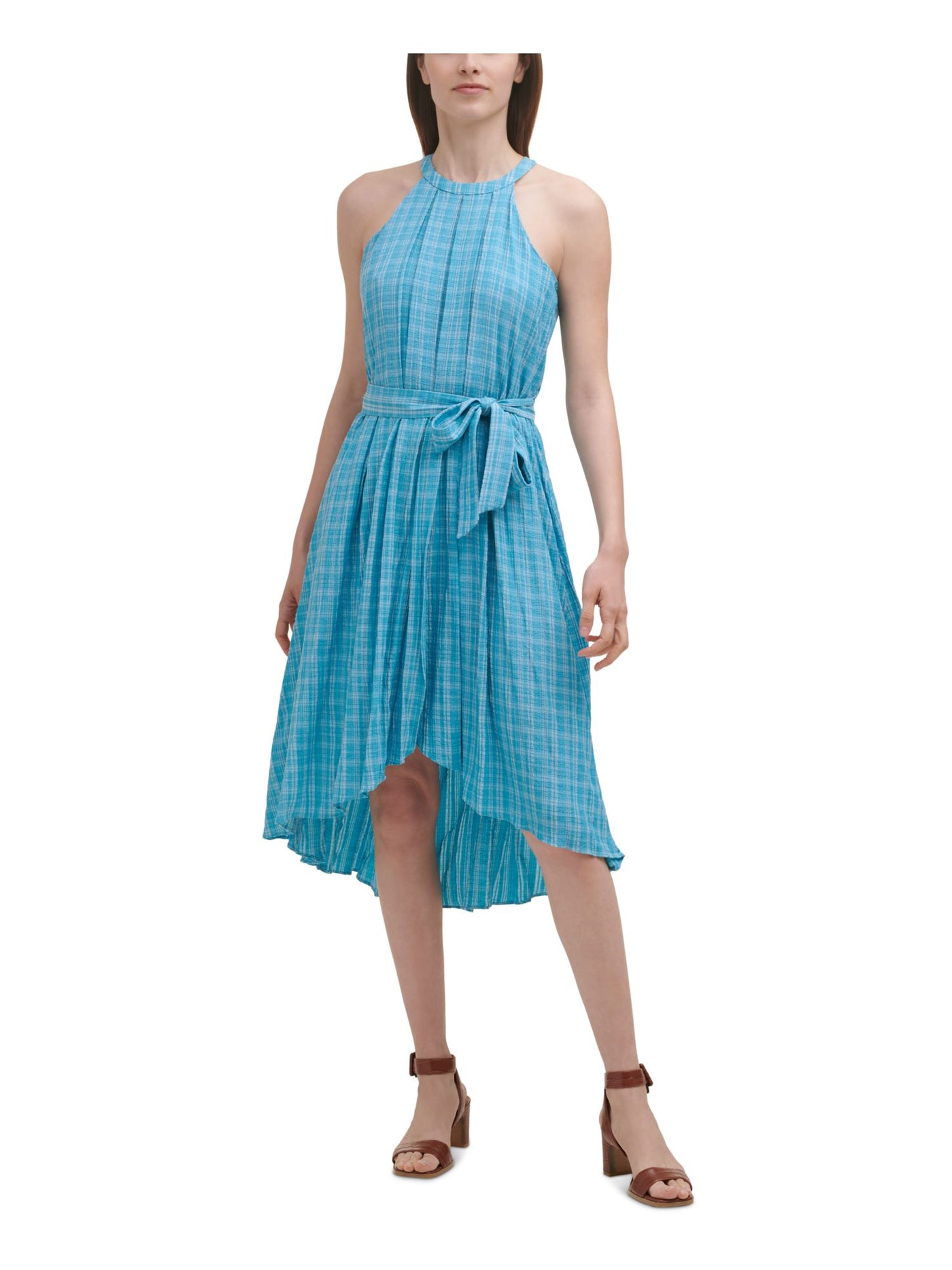 CALVIN KLEIN Womens Turquoise Zippered Belted Pleated Hi-lo Hem Back Cut Out Plaid Sleeveless Halter Midi Fit + Flare Dress 12
