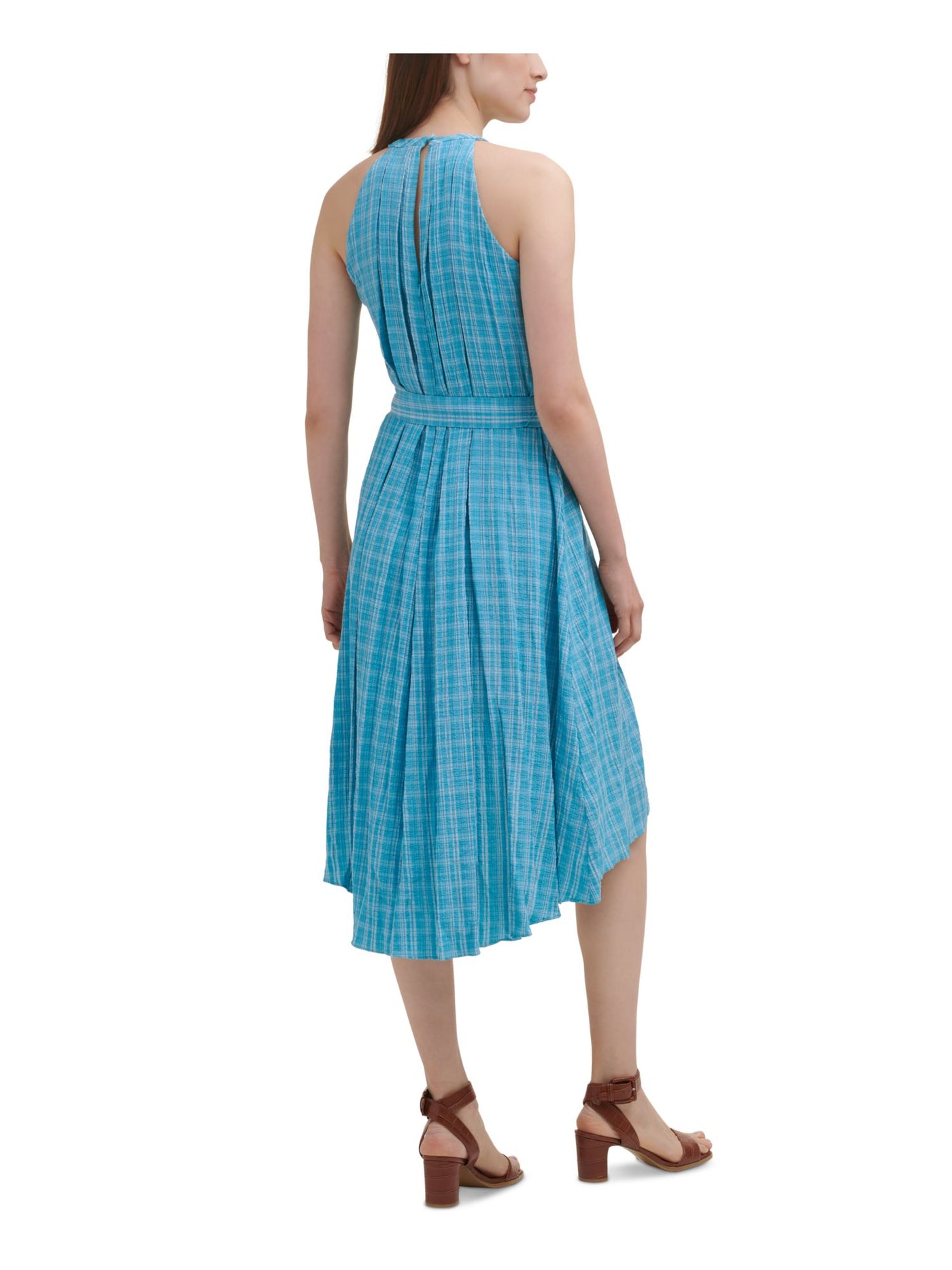 CALVIN KLEIN Womens Blue Zippered Belted Pleated Hi-lo Hem Back Cut Out Plaid Sleeveless Halter Midi Fit + Flare Dress 10