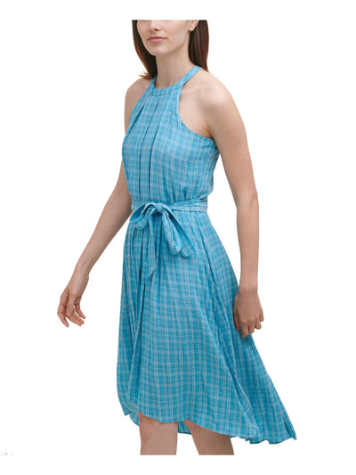 CALVIN KLEIN Womens Turquoise Zippered Belted Pleated Hi-lo Hem Back Cut Out Plaid Sleeveless Halter Midi Fit + Flare Dress 14