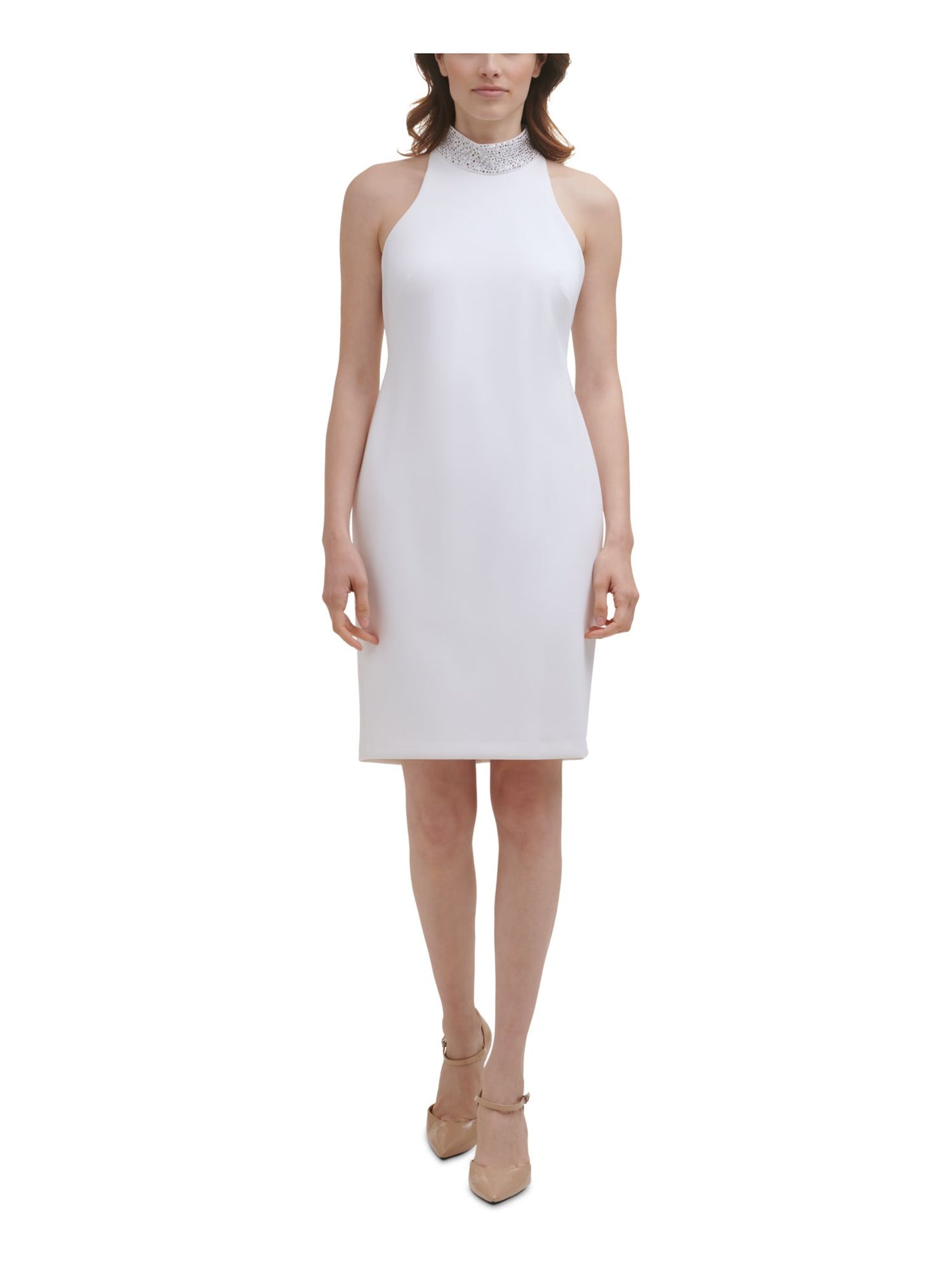 CALVIN KLEIN Womens White Stretch Embellished Zippered Sleeveless Mock Neck Above The Knee Formal Sheath Dress 6