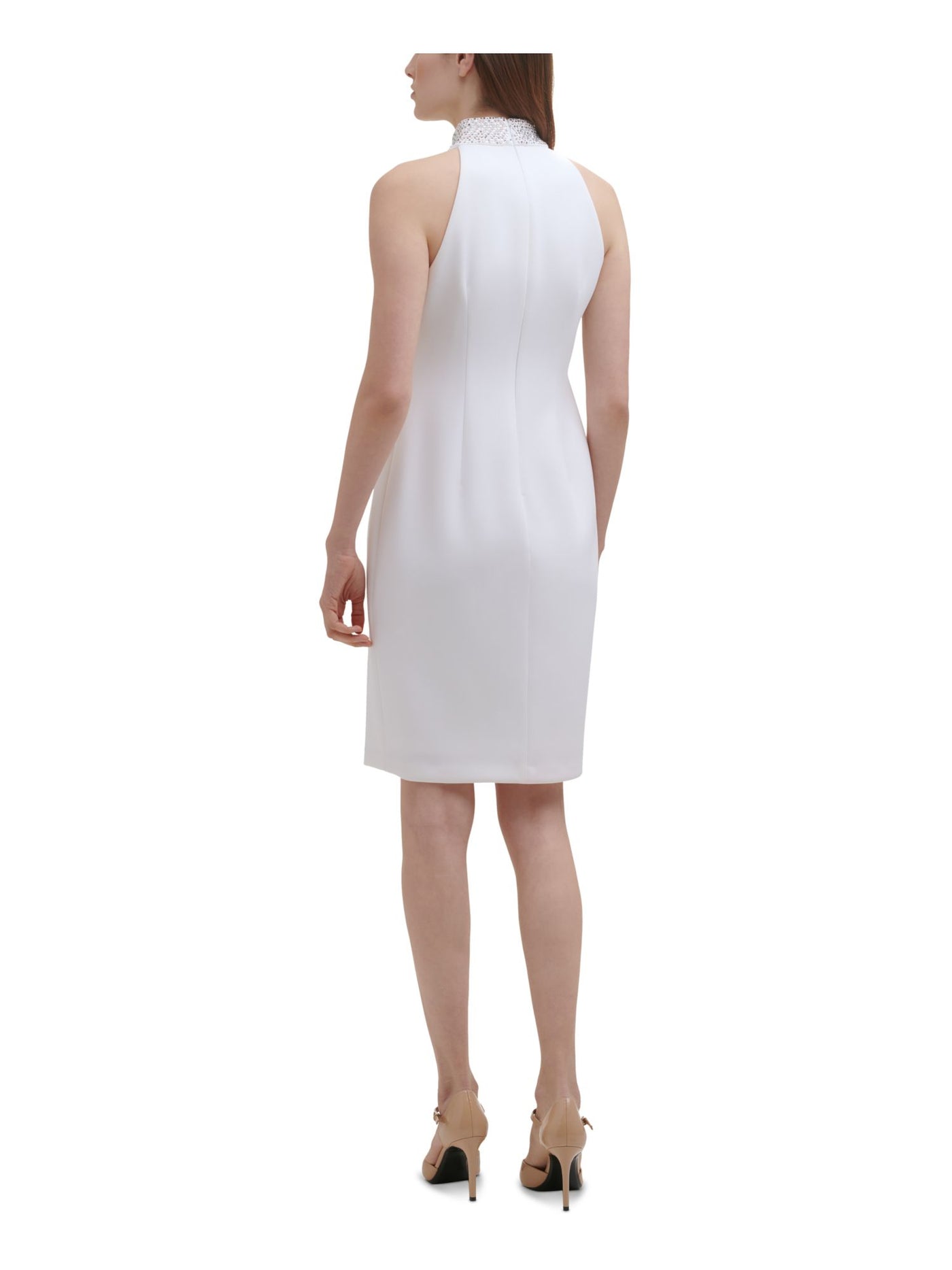 CALVIN KLEIN Womens White Stretch Embellished Zippered Sleeveless Mock Neck Above The Knee Formal Sheath Dress 6
