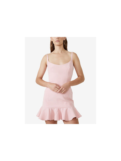 BARDOT Womens Pink Stretch Zippered Fitted Flounce-hem Spaghetti Strap Scoop Neck Mini Party Body Con Dress 10\L