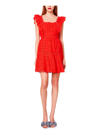BETSEY JOHNSON Womens Coral Eyelet Zippered Lace Scalloped Flutter Sleeve Square Neck Mini Fit + Flare Dress 10