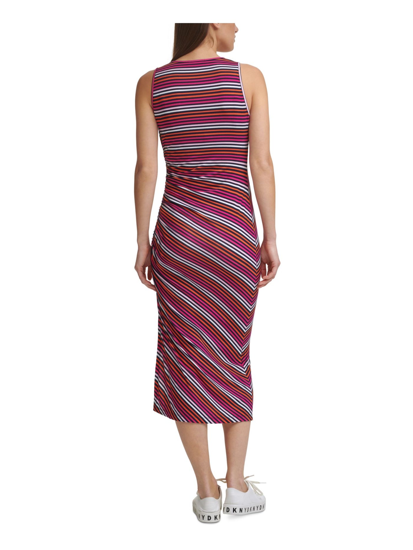 DKNY Womens Pink Stretch Ruched Slitted Striped Sleeveless Scoop Neck Midi Wear To Work Sheath Dress M