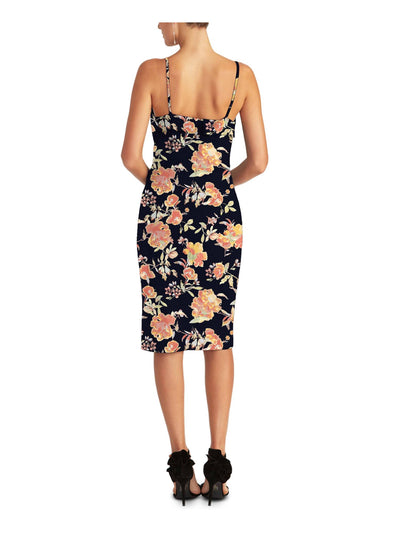 RACHEL RACHEL ROY Womens Navy Stretch Zippered Adjustable Straps Floral Spaghetti Strap Sweetheart Neckline Below The Knee Cocktail Body Con Dress S