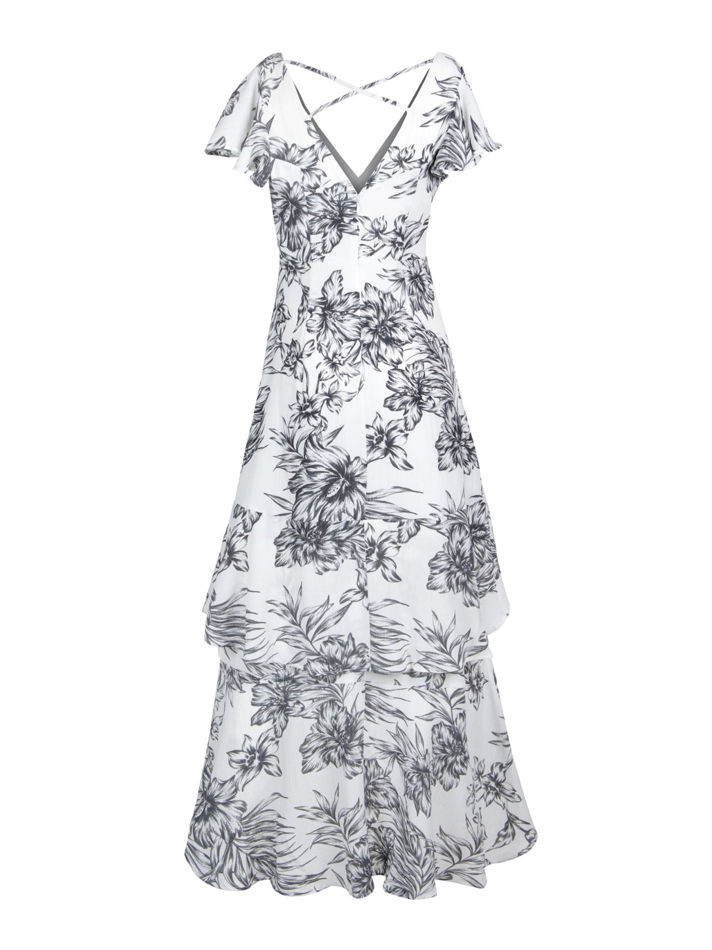 CHRISTIAN SIRIANO Womens Stretch Zippered Metallic Tiered Strappy Ruffled Flutter Sleeve V Neck Maxi Cocktail Hi-Lo Dress