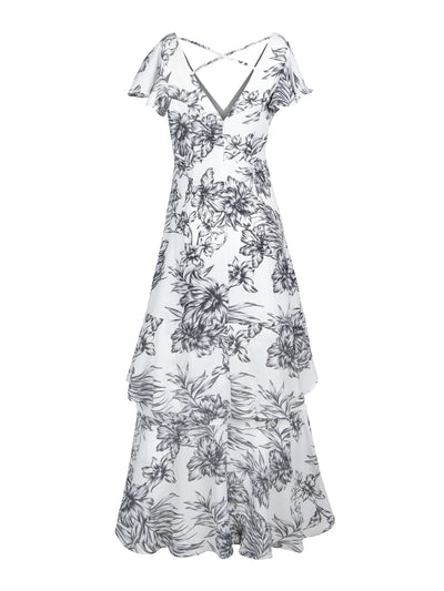 RACHEL RACHEL ROY Womens Ivory Stretch Zippered Metallic Tiered Strappy Ruffled Floral Flutter Sleeve V Neck Maxi Cocktail Hi-Lo Dress 4