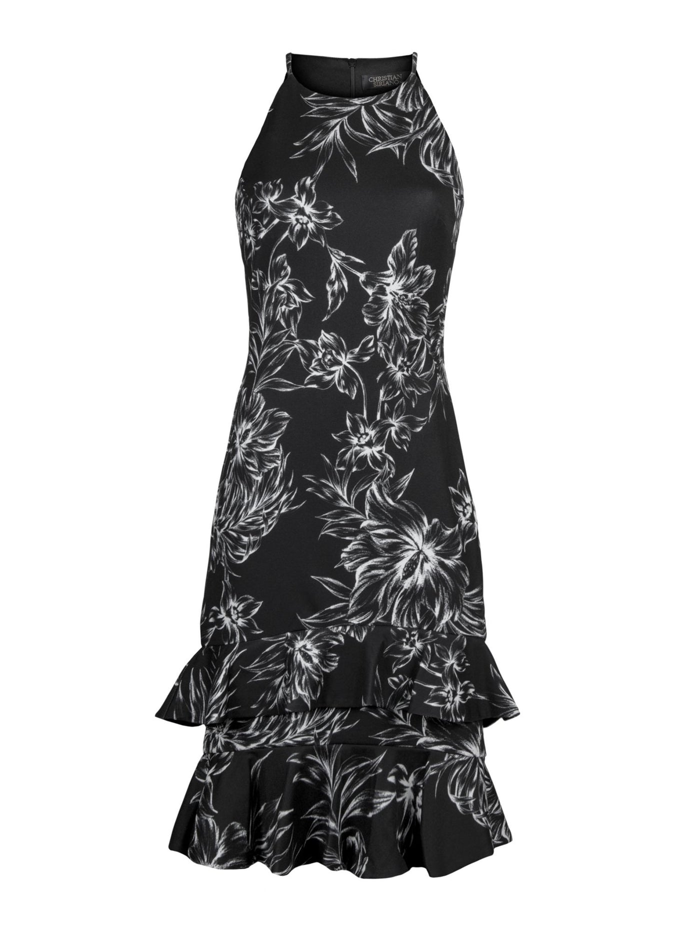 CHRISTIAN SIRIANO Womens Black Stretch Ruffled Zippered Floral Sleeveless Crew Neck Below The Knee Evening Sheath Dress XS