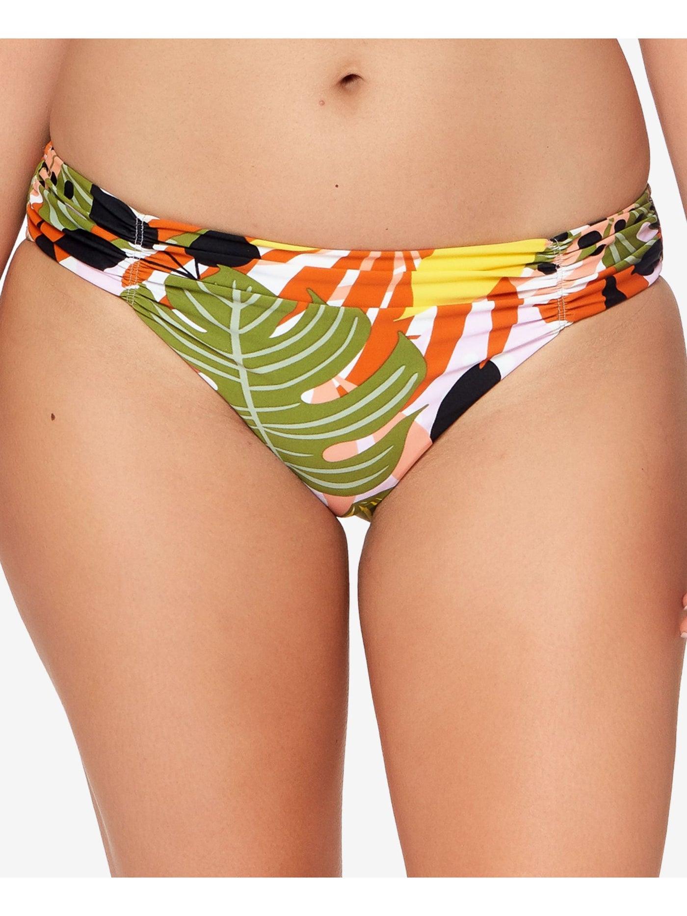 BAR III Women's Multi Color Tropical Print Stretch Ruched Lined Full Coverage Bikini Swimsuit Bottom M