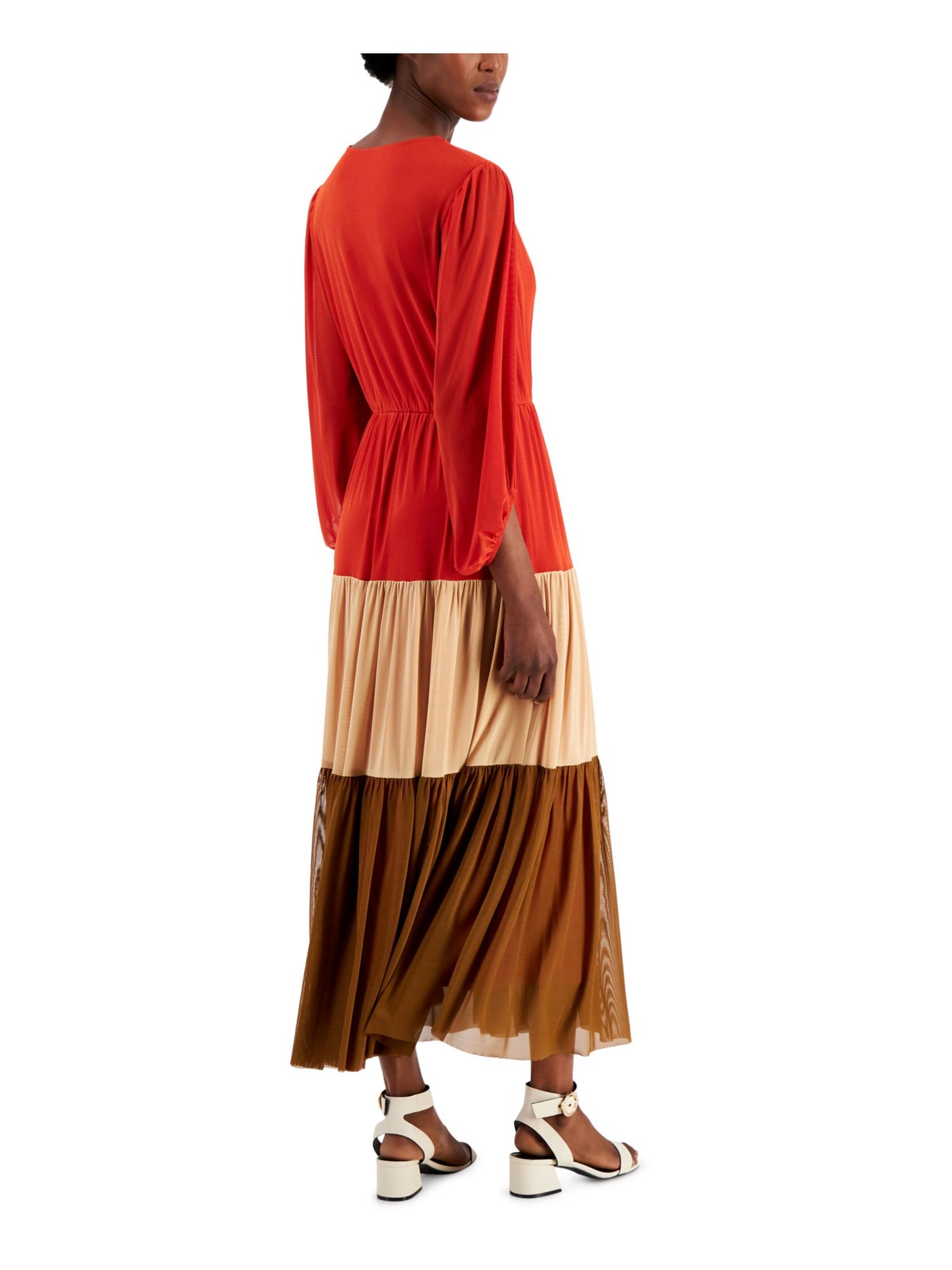 TAYLOR Womens Brown Stretch Color Block Balloon Sleeve Tie Neck Maxi Wear To Work Dress 6