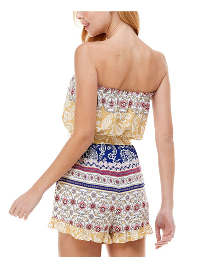 KINGSTON GREY Womens Yellow Belted Ruffled Printed Sleeveless Off Shoulder Romper M