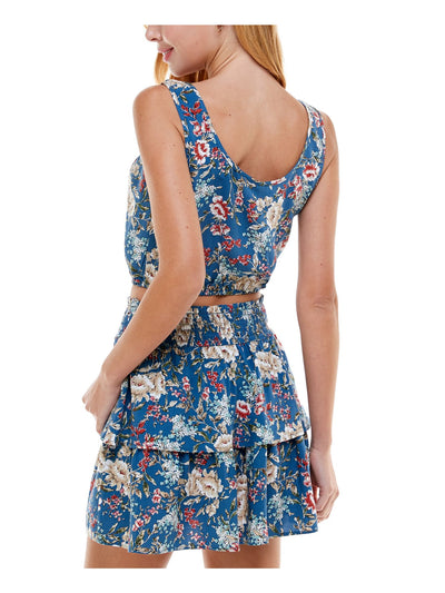 KINGSTON GREY Womens Blue Tie Pullover Top With Elastic Bottom Floral Sleeveless Scoop Neck Crop Top XS