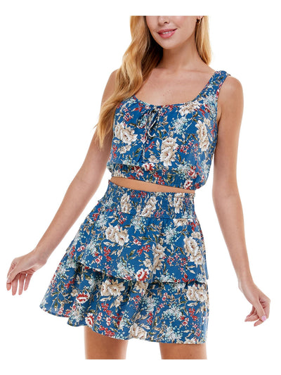 KINGSTON GREY Womens Blue Tie Pullover Top With Elastic Bottom Floral Sleeveless Scoop Neck Crop Top XS
