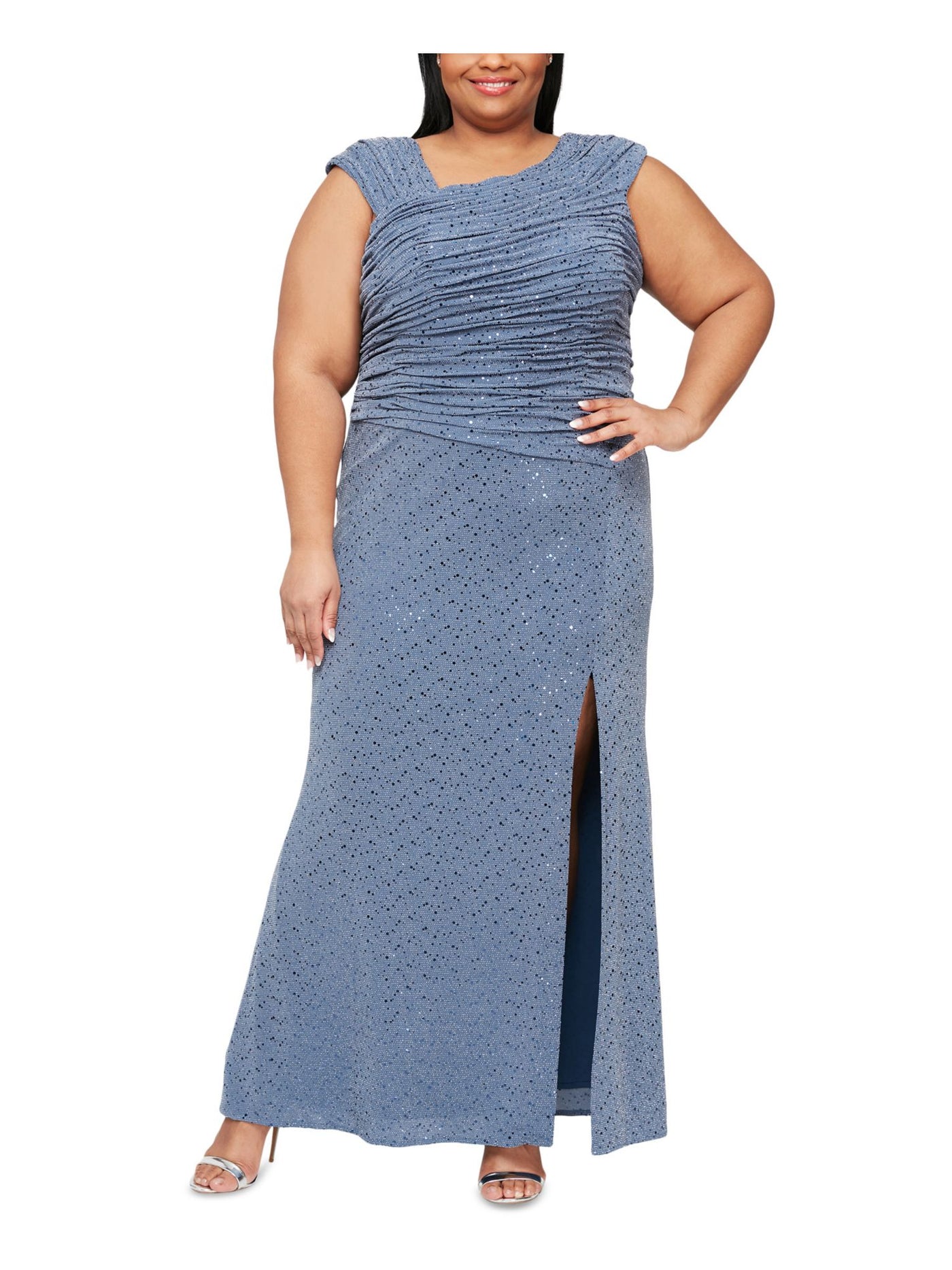 ALEX EVENINGS Womens Blue Slitted Zippered Ruched Lined Embellished Sleeveless Asymmetrical Neckline Full-Length Evening Gown Dress Plus 22W