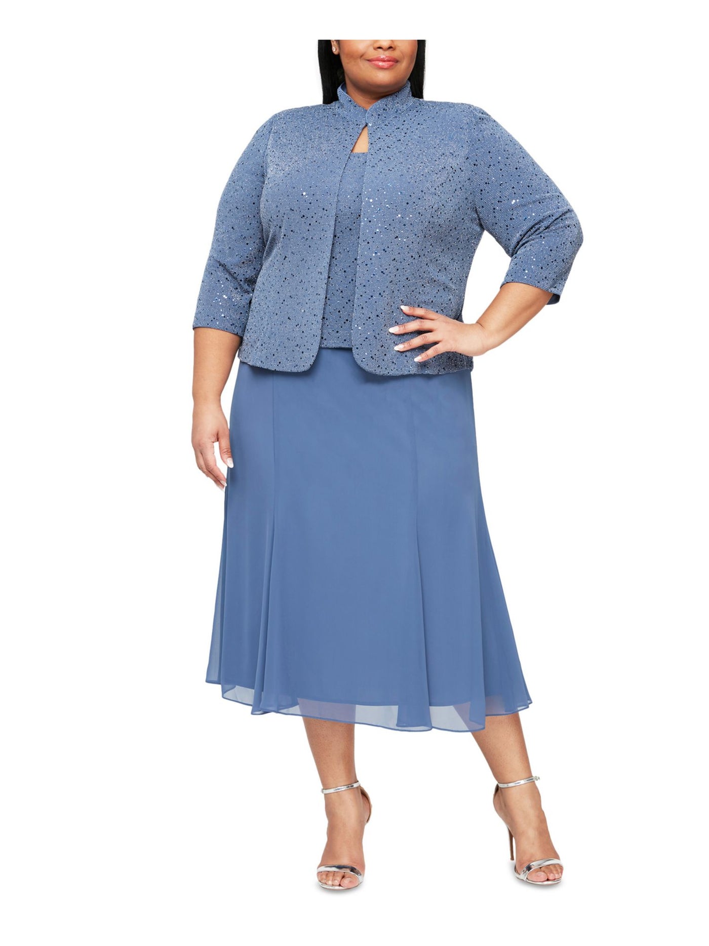 ALEX EVENINGS WOMAN Womens Blue Unlined Sheer Shoulder Pads Polka Dot 3/4 Sleeve Open Front Evening Cardigan Plus 18W