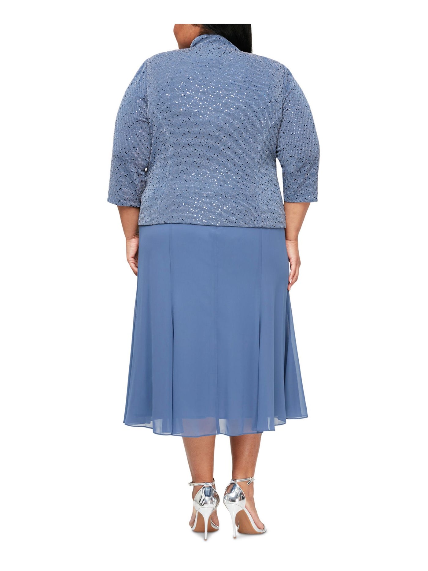 ALEX EVENINGS WOMAN Womens Blue Unlined Sheer Shoulder Pads Polka Dot 3/4 Sleeve Open Front Evening Cardigan Plus 18W