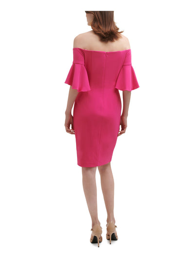 CALVIN KLEIN Womens Pink Stretch Zippered Pleated Bell Sleeve Sweetheart Neckline Above The Knee Wear To Work Sheath Dress 2