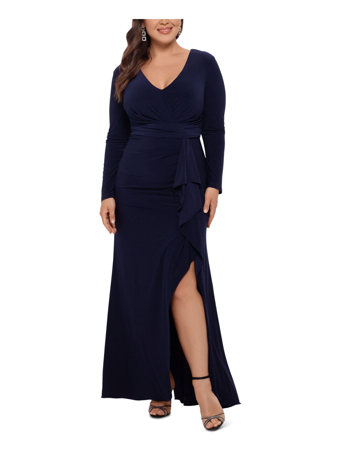 BETSY & ADAM Womens Navy Stretch Ruched Zippered Ruffled Slitted Long Sleeve V Neck Full-Length Evening Sheath Dress Plus 22W