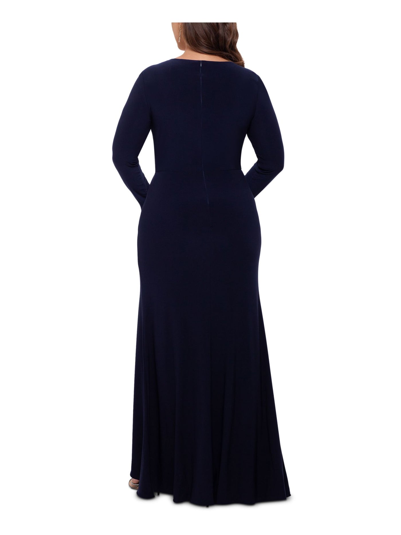 BETSY & ADAM Womens Navy Stretch Ruched Zippered Ruffled Slitted Long Sleeve V Neck Full-Length Evening Sheath Dress Plus 22W